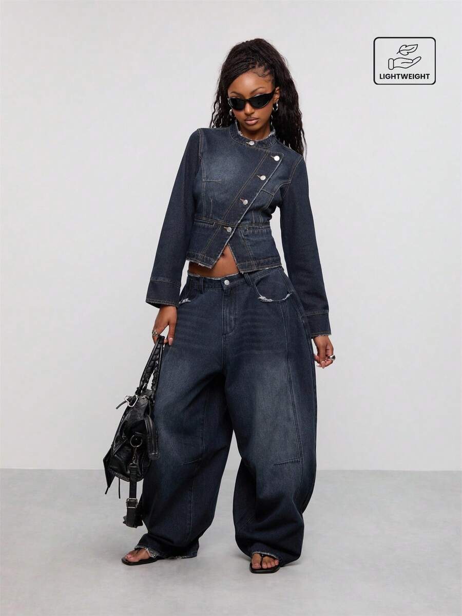 COUREZ Asymmetric Front Military Denim Jacket, Y2K Autumn Fall Going Out Festival Concert Lightweight Drummer Jacket , Fall Winter For Women - Dark Wash - View 1