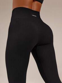 GLOWMODE 24" Ultrafine Soft Seamless Train Hard Glow Harder High Waist Ribbed Knit Training Leggings Workout Gym Fitness Active Wear - Black - View 4