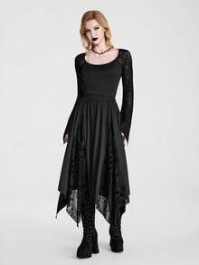 Breakform Gothic Halloween Stretch Skirt With Flocked Panels And Sheer Bell Sleeves-Vintage  Print, Dark Romantic Styl - Black - View 6