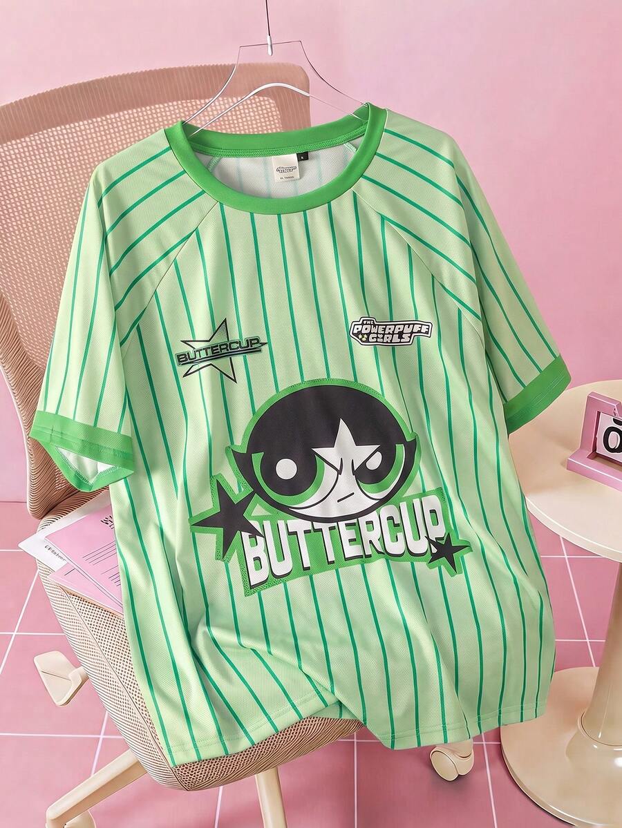 THE POWERPUFF GIRLS X SHEIN Men's Striped Cartoon Pattern Printed Crew Neck Short Sleeve T-Shirt - Green - View 1