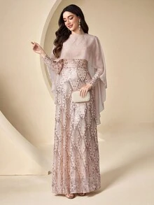 Coutiva 女士优雅亮片刺绣正式晚礼服（重工装饰） - 淡紫色 - 查看 3
