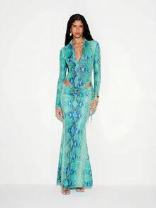 KIZN Snake Print Mesh Bodysuit Deep V Neck Long Sleeve Cutout Side Design Fitted Clubwear Party Festival Outfit - Blue - View 3