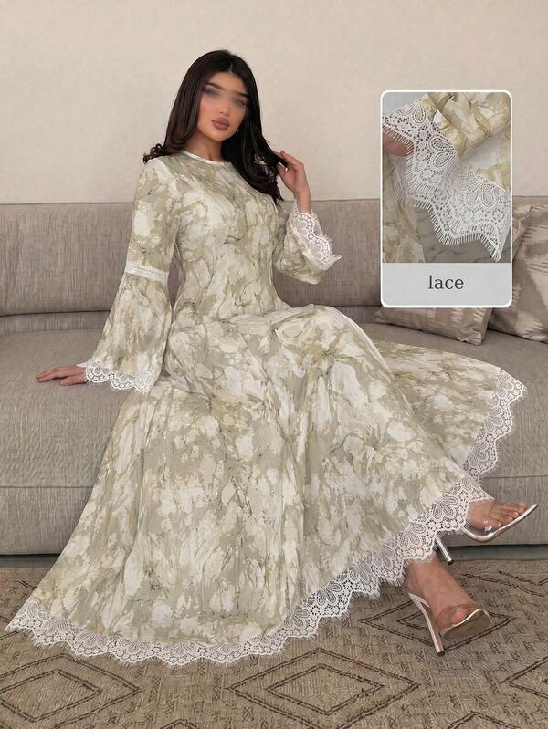 Yasmyna Women's Woven Digital Print Long Sleeve White Lace Trim Water-Soluble Lace Waist-Cinching A-Line Elegant Romantic Arabian Dress