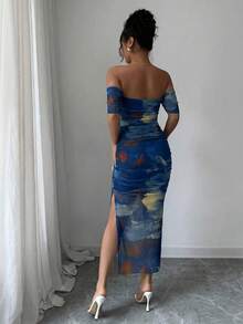 Selianne 女款優雅性感露肩淺藍色開衩修身長洋裝，夏季女裝酒吧派對夜場合穿搭 - 寶藍色 - 查看 2