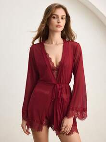 Ocili 3pcs Wireless Lace Camisole, Boyshort Panty, Floral Print Robe & Belt - Burgundy - View 6