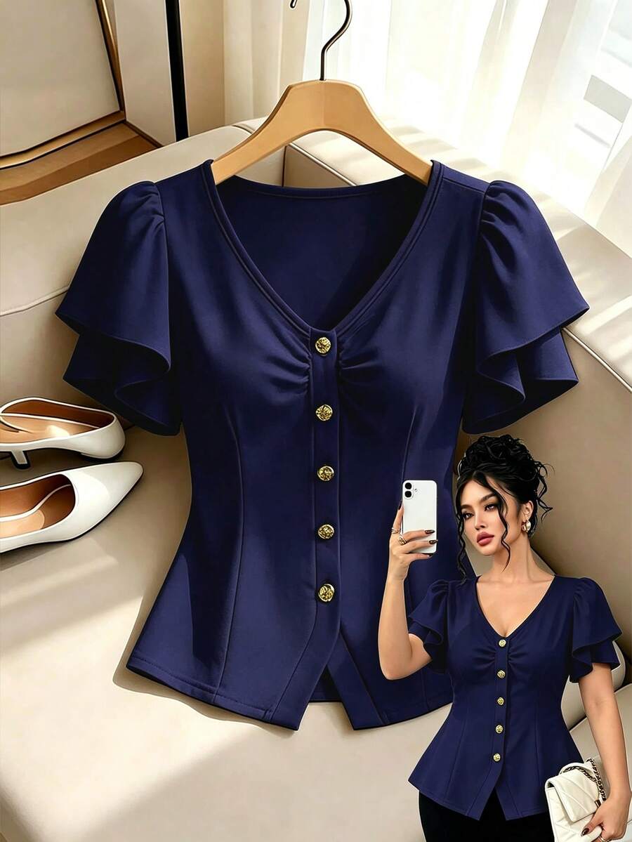 GlowEve CURVE Áo kiểu nữ size lớn màu mơ trơn cổ chữ V, thiết kế eo dáng chữ A thanh lịch, phù hợp đi làm, trang trọng, thường ngày, du lịch, dự tiệc, xuân/hè - Màu xanh hải quân - Xem 1