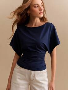 Willow Rêve Women's Short-Sleeve Gathered T-Shirt, Minimalist Top - Blue - View 1