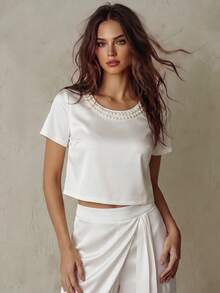 Franclia Women's Spring/Summer French Elegant Casual Design Bubble Decor Round Neck Short Sleeve Cropped Versatile White Blouse Party Office Teachers' Day - White - View 1