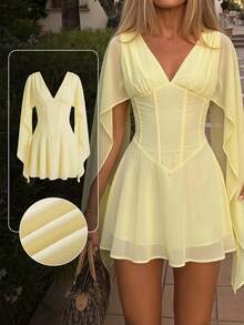 Aloruh Women's Deep V-Neck Cinched Waist Boning Umbrella Hem Mini Dress - Yellow - View 10