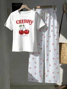 Comfortcana Casual Minimalist Style Red Cherry Letter Graphic Short Sleeve T-Shirt With Blue Pinstripe Long Pants 2-Piece Set, Suitable For Spring And Summer - Multicolor - View 7