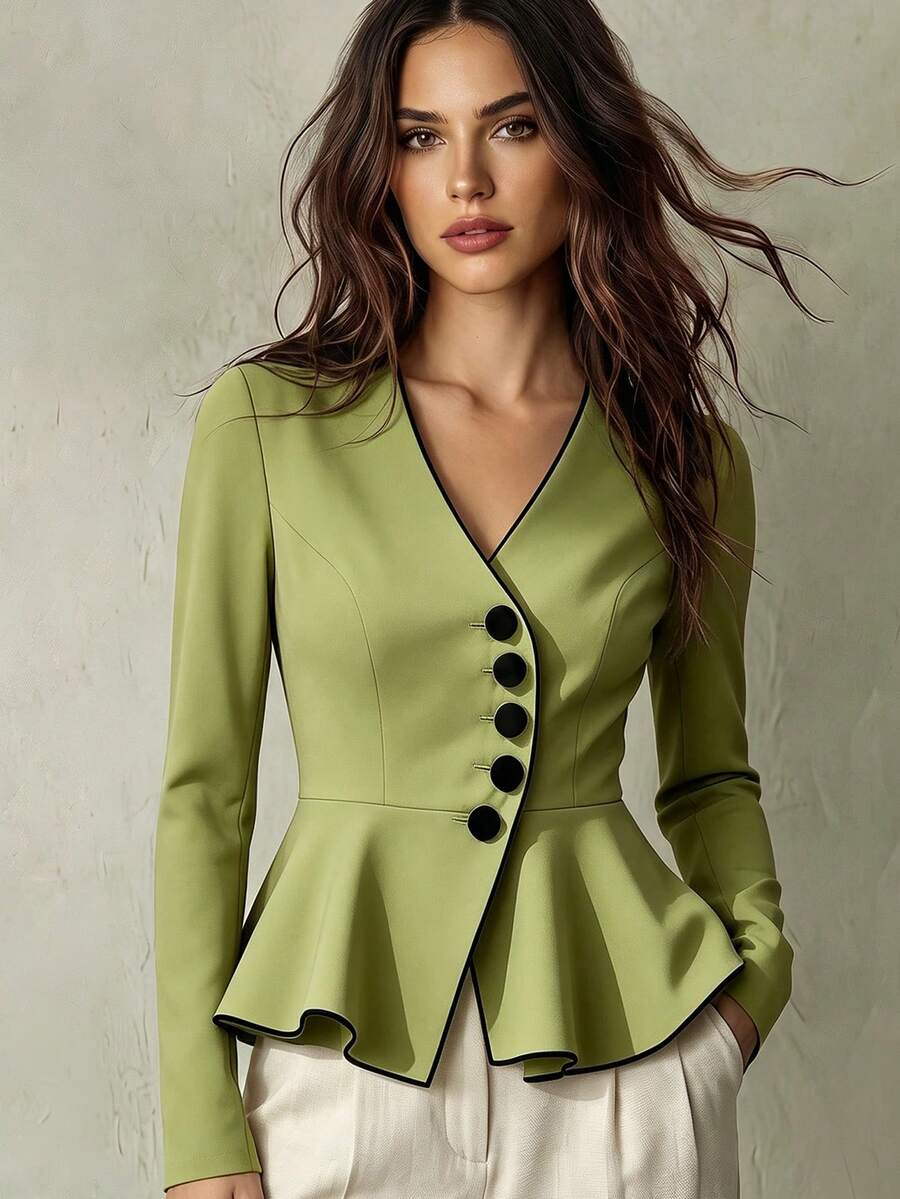 Franclia 优雅时尚的女士衬衫,白色底黑色腰带,黑白撞色长袖设计,适合日常、约会和通勤穿着。 - 橄欖綠 - 查看 1