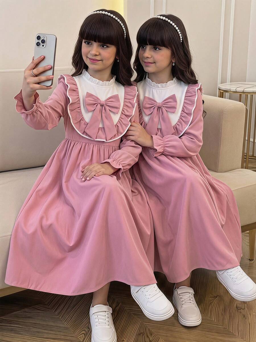 SHEIN Tween Girls Casual Back To School Spring Autumn Pink Elegant Long Slv Bow Decor Ruffle Hem Hi Dress - Pink - View 1