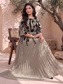 Auveirra Elegant Brown Plus Size Floral Print Pleated Maxi Jumpsuit With Belted Waist Autumn Gym - Brown - View 6