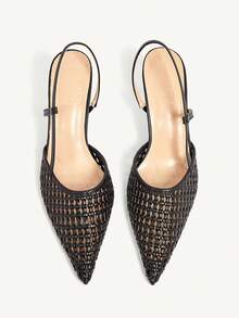CUCCOO CHICEST Women's Black Woven Hollow Pointed Toe Stiletto Heel Slingback High Heel Pumps, Vintage Commute Office Date - Black - View 2