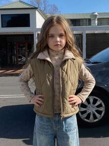 Hapijoa Young Girl Fashion Versatile Zipper Cotton Padded Vest Jacket Fall - Army Green - View 3