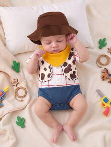 SHEIN Playful Pals Kostum Koboi Bayi Laki-Laki 3 Potong Set Terdiri dari Bodysuit dan Topi - Aprikot - View 4
