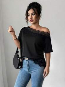 Elenzga Women's Lace Patchwork Asymmetric Shoulder Casual Versatile Daily T-Shirt - Black - View 3