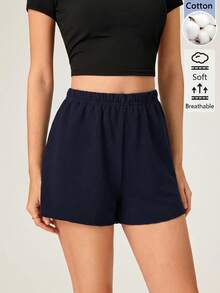 SHEIN BASICS 女款戶外休閒基礎款鬆緊腰短褲 夏季居家工作休閒褲 海軍藍 - 藏蓝色 - 查看 3