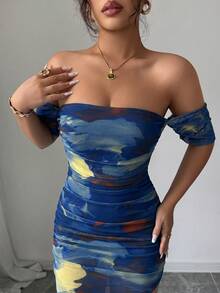 Selianne 女款優雅性感露肩淺藍色開衩修身長洋裝，夏季女裝酒吧派對夜場合穿搭 - 寶藍色 - 查看 3