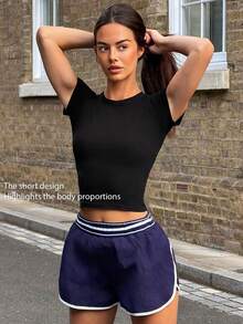 Fluxe Women's Navy Blue High-Waist A-Line Athletic Modest Shorts Striped Waistband White Trim Quick-Dry Hidden Pocket Breathable For Gym Tennis Summer - Navy Blue - View 8