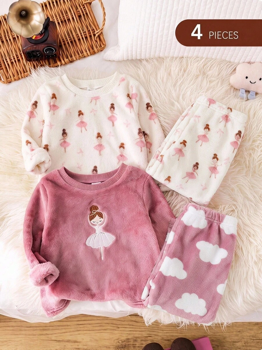 SHEIN 女嬰針織仿皮草可愛女孩圖案圓領秋冬上衣與長褲家居服 4件套 - 彩色 - 查看 1