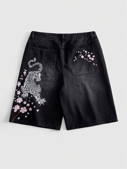 ROMWE MEN Men's Loose Fit Denim Shorts With Tiger Embroidery Pattern