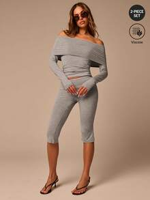 Athîral Women's Casual Sexy Off-Shoulder Long Sleeve Fitted Top And Fold-Over Waist 7/8 Pants 2-Piece Set, Autumn Daily Vacation Date Club Going Out Night Out - Grey - View 3
