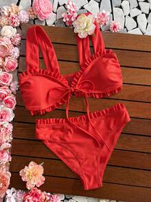 Swim Vcay 女童甜美2件式花卉隨機印花寬肩帶繫繩三角比基尼泳衣套裝 - 紅色 - 查看 3