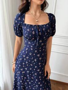 Modelyn 女款方領碎花開衩度假夏季短袖洋裝 長版晚禮服 - 藏蓝色 - 查看 6