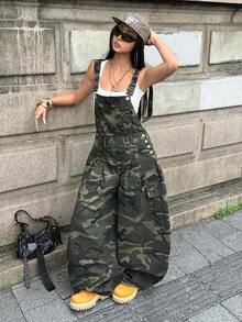 SHEIN 女款迷彩休閒日常穿著牛仔吊背褲 - 彩色 - 查看 7