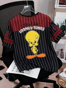 LOONEY TUNES X SHEIN 女款夏季休閒拼色條紋卡通印花T恤 - 白色 - 查看 2