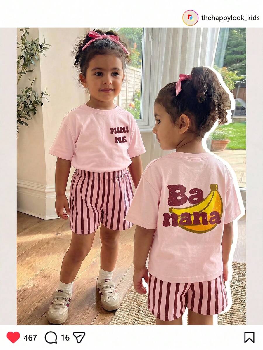 THE HAPPY LOOK Kids Young Girl Fruit Pattern Knitted Soft Crew Neck Short Sleeve Drop Shoulder Pullover Top & Striped Shorts 2pcs Set - Baby Pink - View 1