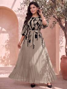 Auveirra Elegant Brown Plus Size Floral Print Pleated Maxi Jumpsuit With Belted Waist Autumn Gym - Brown - View 5