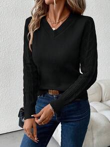 SHEIN Clasi 女款V領長袖毛衣，秋冬長袖上衣 - 黑色 - 查看 3