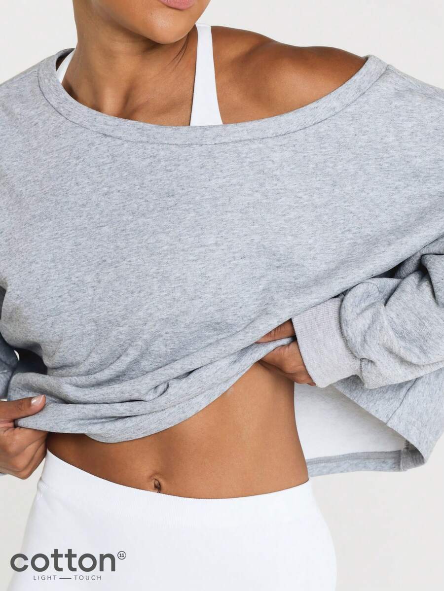 11SKNDS Oversized Off-Shoulder Cropped Sweatshirt With Drop Sleeves, Wide Neckline, Casual Everyday Cozy Pullover Top For Fall Winter - Grey - View 1