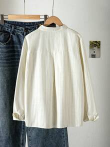 SHEIN 青少年女孩米白色細條紋長袖鈕扣襯衫 春秋款 - 白色 - 查看 2