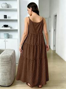 Comfylo 度假休閒復古圓點印花大尺碼女款細肩帶洋裝，棕色，適合夏季 - 彩色 - 查看 2