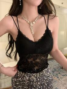 FRIFUL Women's Lace Patchwork Sexy Versatile Date Night Camisole Top Summer Going Out Tops - Black - View 10