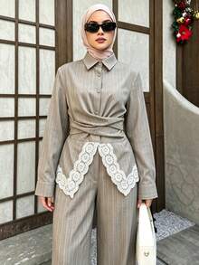 Celisse Women's Elegant 2 Pieces Set With Contrast Lace Striped Long Sleeve Shirt And Pants - Grey - View 1
