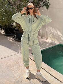 Fluxe Women Mint Green Cropped Stand Collar Zip Up Jacket Drawstring Waist Cuff Adjustable Lightweight Breathable Soft Comfort Athletic Outdoor Fall Bomber - Mint Green - View 4