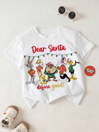 LOONEY TUNES X SHEIN Camiseta casual de manga corta con estampado de letras y dibujos animados para niño