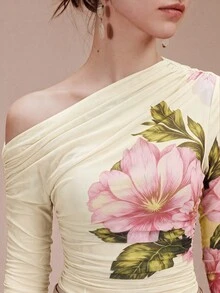 Arave 花卉印花不對稱領口透視性感修身上衣 - 淡黃色 - 查看 8