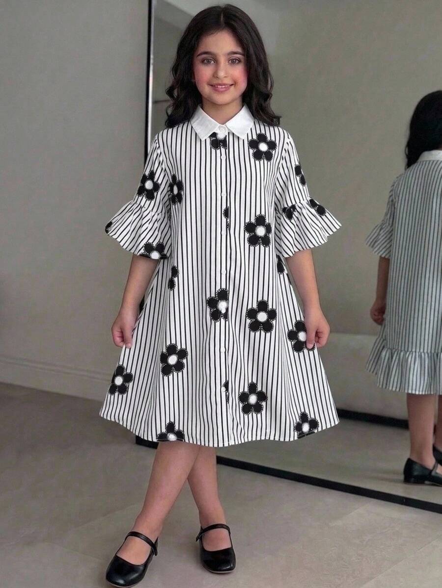SHEIN 兒童青少年女孩拼色領襯衫洋裝,拼接喇叭下擺,寬鬆 A 字版型,黑白條紋花卉印花,休閒學院風通勤返校穿搭 - 黑與白 - 查看 1