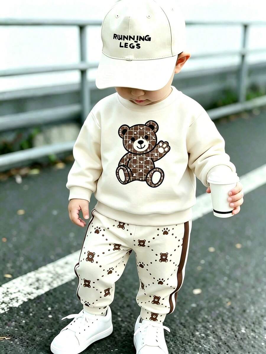 2件組秋冬幼兒熊圖案拼色圓領厚抓絨衛衣與配色格紋收口長褲休閒套裝，適合戶外、運動、返校 - 彩色 - 查看 1