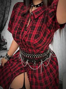 Whyspr Vestido de Talla Grande Primavera/Verano Punk con Volantes Multicapa a Cuadros - Rojo - Ver 7