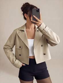 SHEIN PETITE 女款卡其色純色雙排扣短版夾克外套 秋季/教師節 辦公商務 經典優雅休閒 - 杏色 - 查看 3