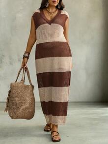 Linhara CURVE Plus Size Women V-Neck Colorblock Casual Everyday Knit Dress Fall - Multicolor - View 5