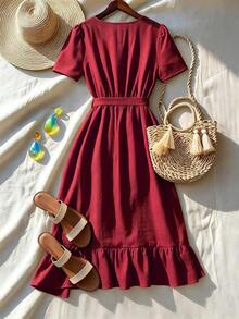 EMERY ROSE Standard Size Women's Ruffle Cross V-Neck Fitted Midi Dress, Elegant Vacation Style - Red - View 2