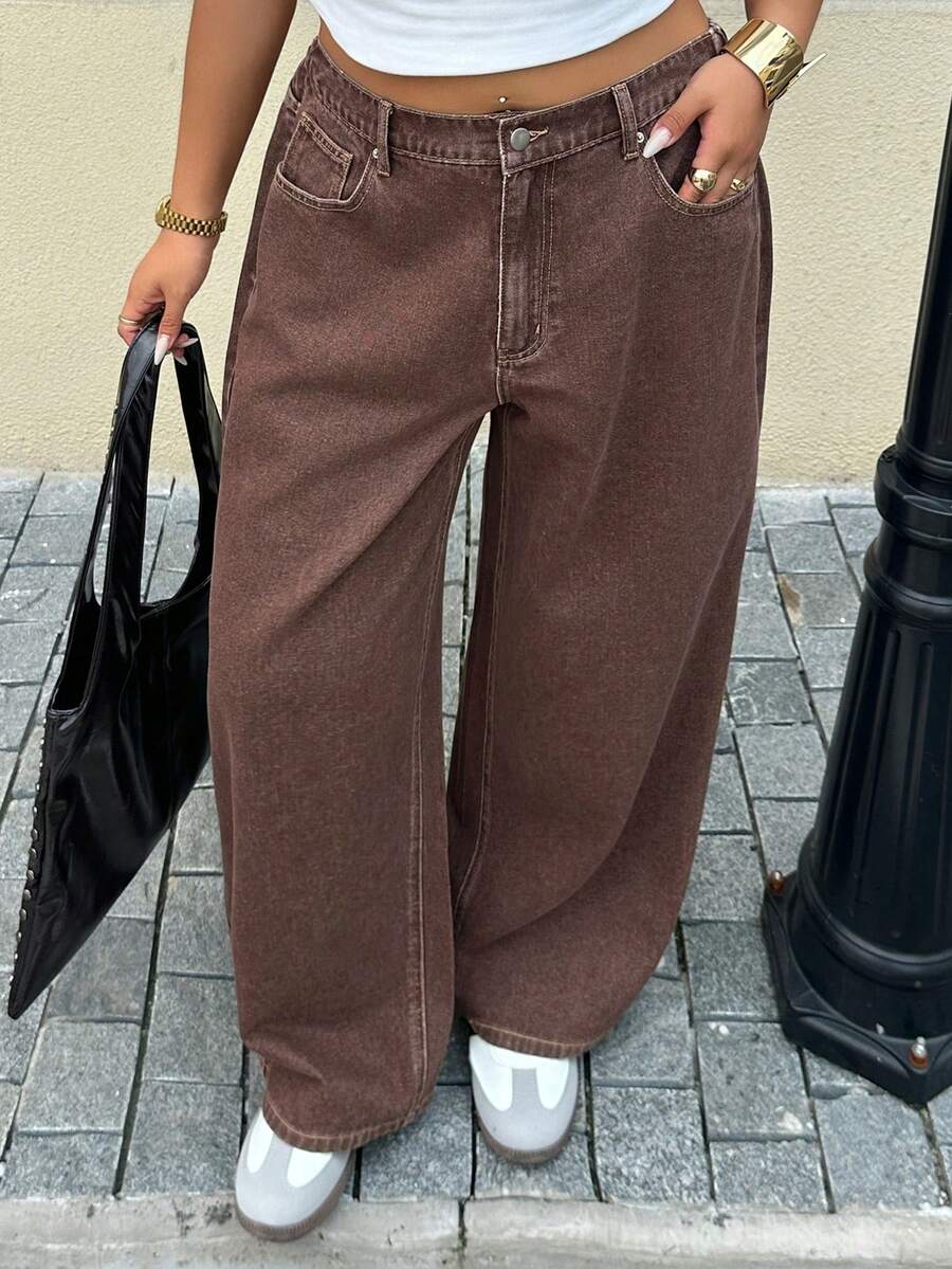Dazy Plus Plus Size Women's Casual Straight Leg Denim Jeans With Pockets And Buttons For Daily Wear - Pink - View 1