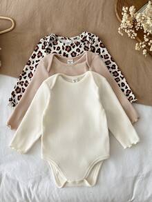 SHEIN 女嬰針織純色豹紋圓領修身休閒連身衣3件套 - 彩色 - 查看 6